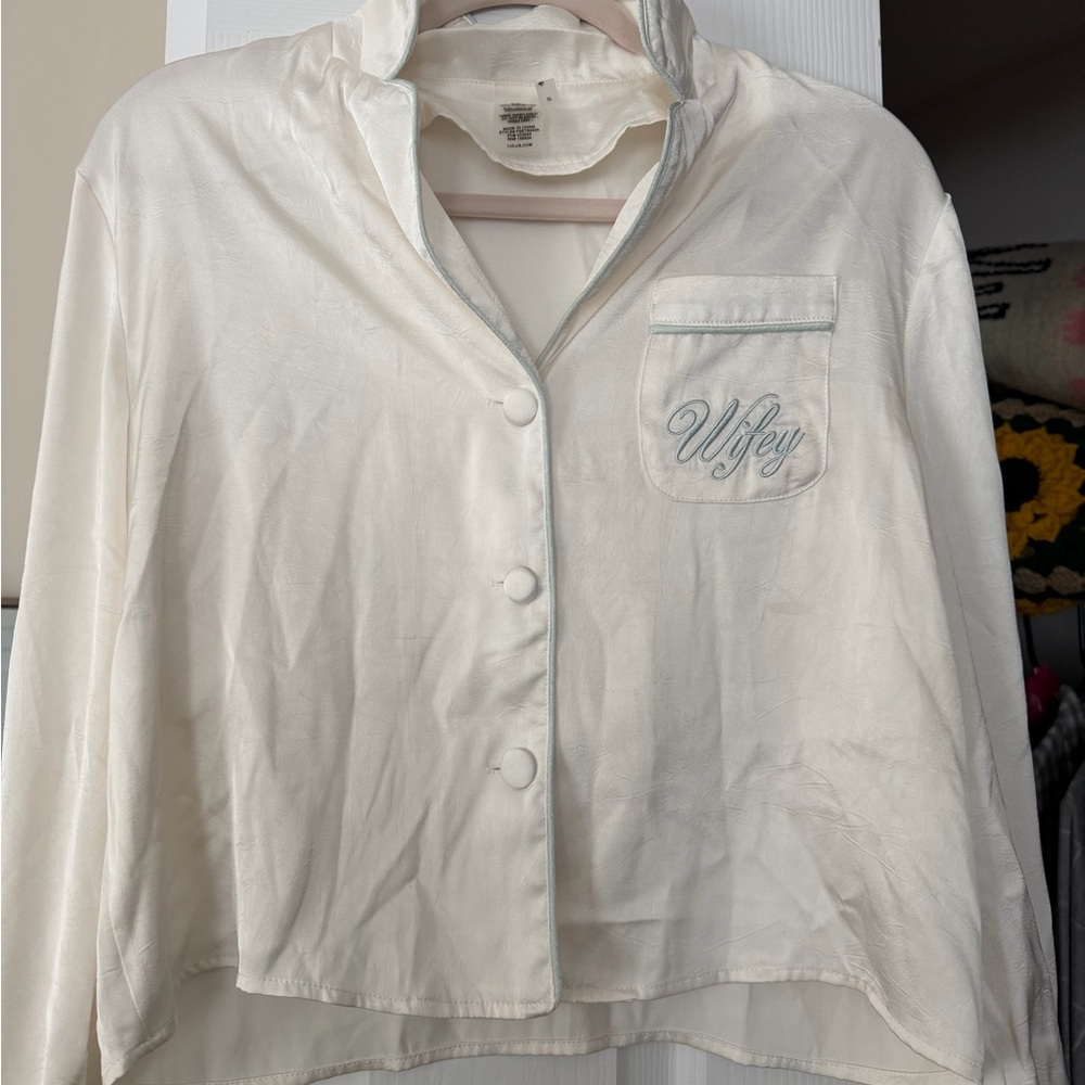 Wifey Embroidered Cream Satin Button-Front Women’s Top